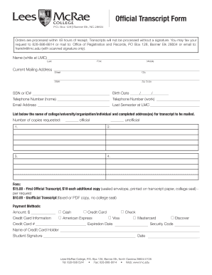 Official Transcript Form Lees McRae College Lmc