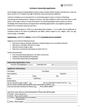 Univision Internship Application to Print Form