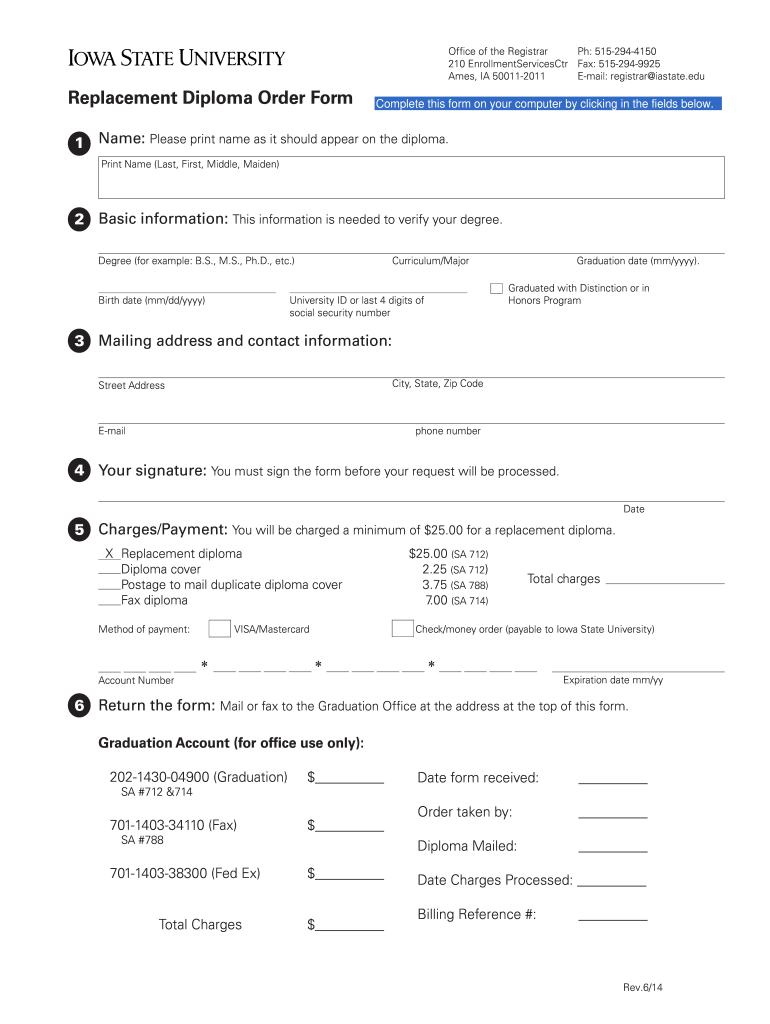  Replacement Diploma Order Form Iowa State University 2014
