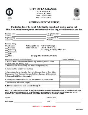 Compensation Tax Return City of La Grange, Kentucky Lagrangeky  Form