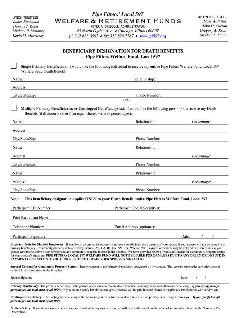 Beneficiary Designation Form Local 597 Pf597 - Fill Out and Sign ...
