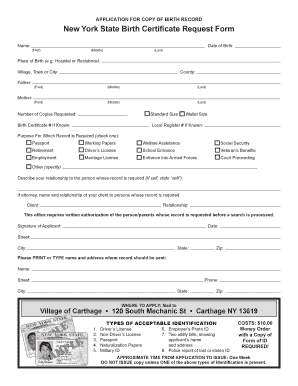 New York State Birth Certificate Request Form Village of Carthage