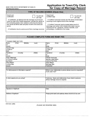 DOH 301 Marriage Certificate Form Town of Jackson New York