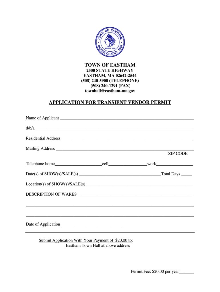 Application for Transient Vendor Permit Eastham, MA Eastham Ma  Form