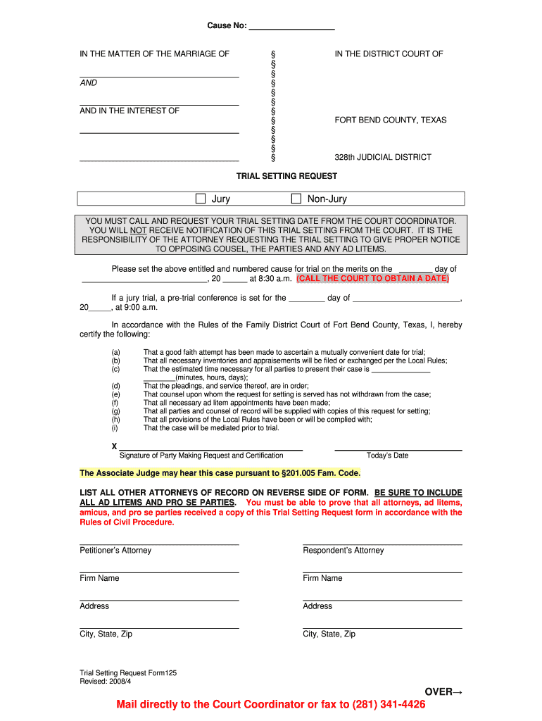 Get and Sign Request for Trial Setting Texas 2008-2022 Form