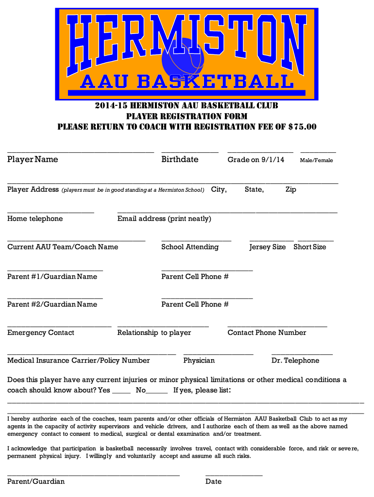 Get and Sign Printable Basketball Registration Form 2015-2022