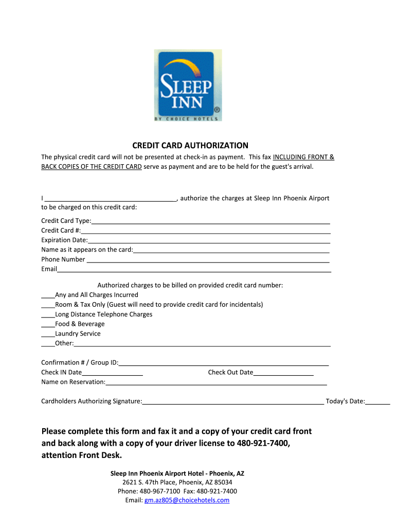 Credit Card Authorization Form Sleep Inn and Suites