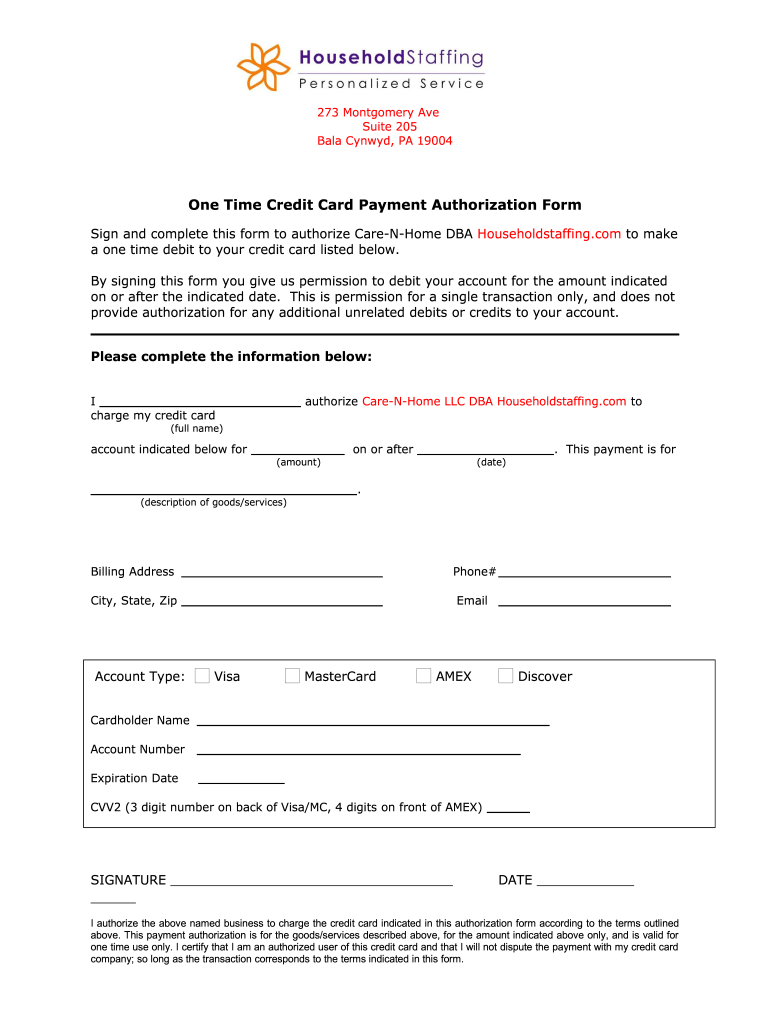 One Time Credit Card Authorization Form - Fill Out and Sign Printable PDF Template | signNow