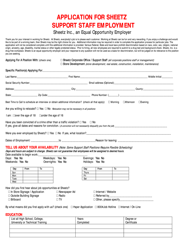 Sheetz Application PDF  Form