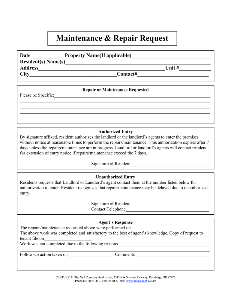  Maintenance Request Form 2007-2024