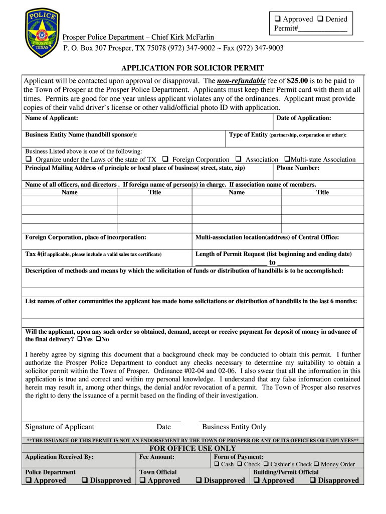 Prosper Texas Permit  Form