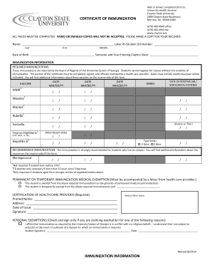 Certificate of Immunization Clayton State University Clayton  Form