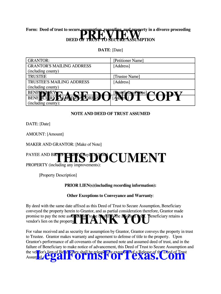 Deed of Trust to Secure Assumption Texas Divorce Form