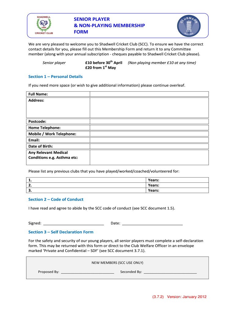 Fill Out Form Membership Form of Cricket Club