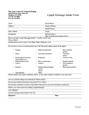 Lymph Drainage Intake Form the Lane Center Lanehealing Brinkster