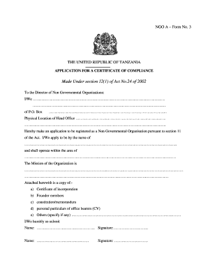 Ngo Registration Form No 1 Tanzania