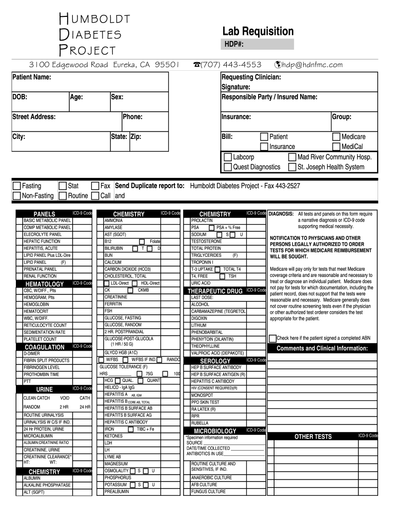 HUMBOLDT DIABETES Lab Requisition PROJECT HDP#  Form