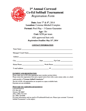 1st Annual Curwood Co Ed Softball Tournament Registration Form