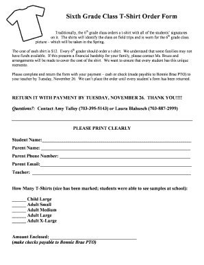 Sixth Grade Class T Shirt Order Form Fcps
