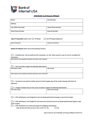 BOFI ATM Debit Card Dispute Affidavit Bank of Internet USA  Form