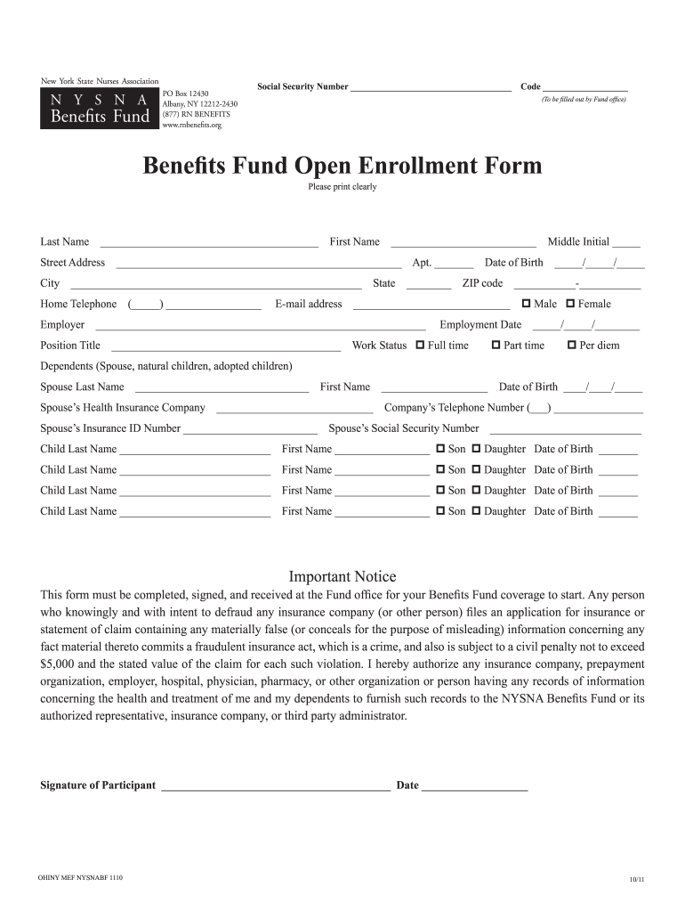  Benefits Fund Open Enrollment Form  NYSNA Pension Plan and    Rnbenefits 2011