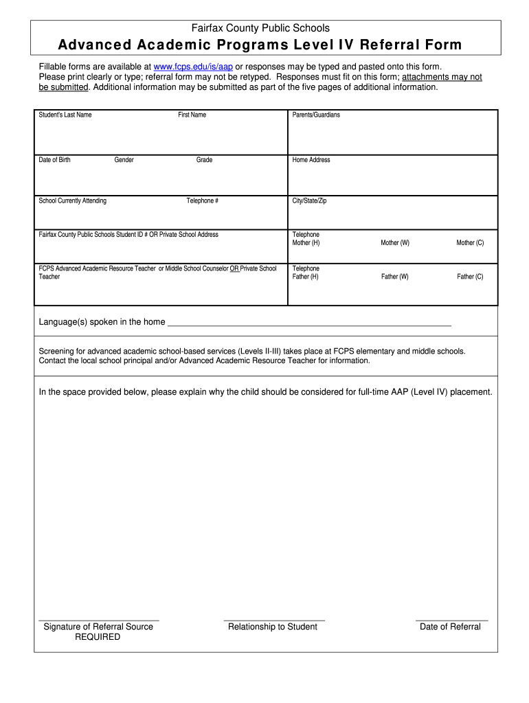 Level IV Referral Form  Fairfax County Public Schools  Fcps