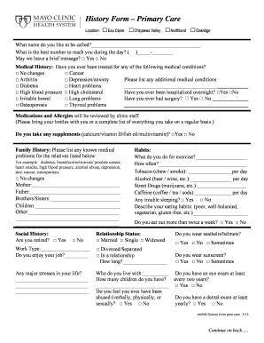 History Form Primary Care Mayo Clinic Health System