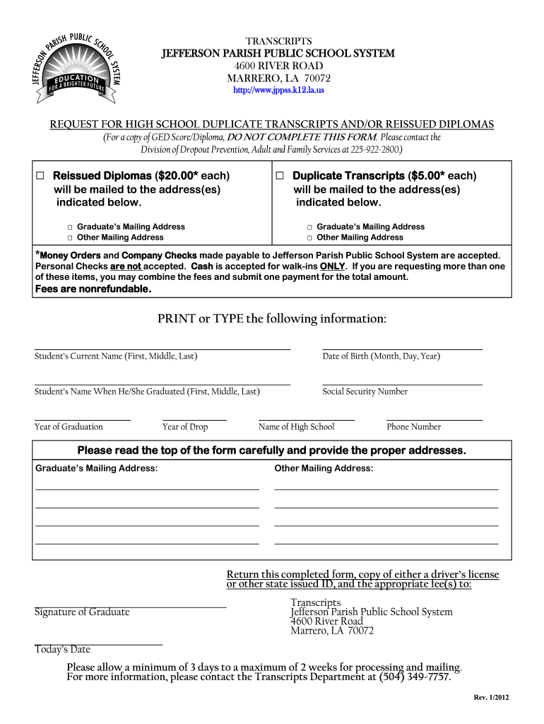 Get and Sign Jefferson Parish School Transcripts 2012-2022 Form