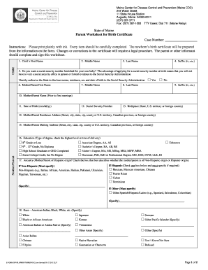 Parent Worksheet for Birth Certificate Maine Association of Mainecpms  Form