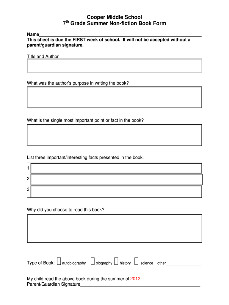  Cooper Middle School 7 Grade Summer Non Fiction Book Form 2012-2024