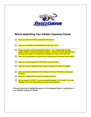 Athletic Clearance Physical Form for Steele Canyon High School