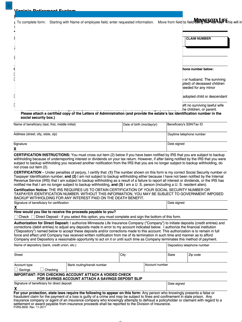  Virginia Retirement System Preference Beneficarys Statement  Form 2011