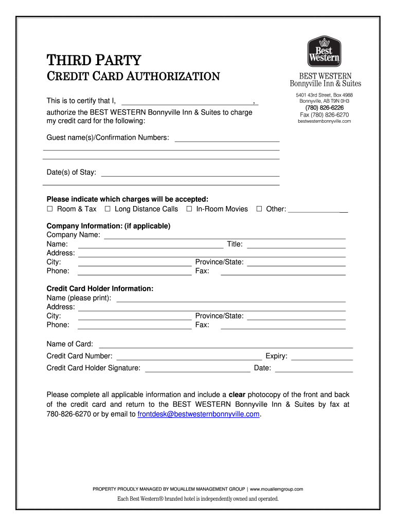 Best Western Credit Card Authorization Form