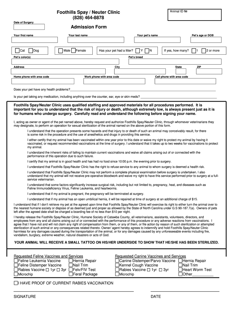 Foothills Spay and Neuter Clinic  Form