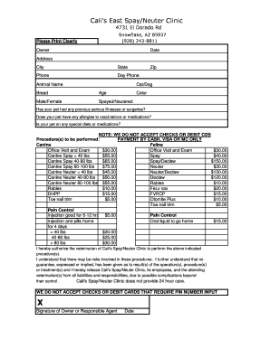 Cali&#039;s Spay Neuter Clinic  Form