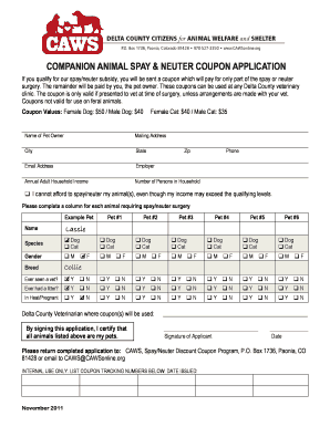 Companion Animal Spay &amp; Neuter Coupon Application CAWS Cawsonline  Form