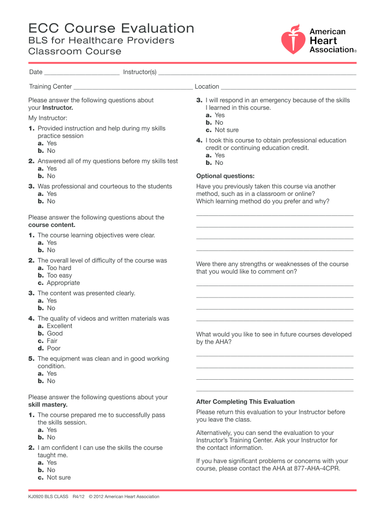 Aha Bls Course Evaluation Form
