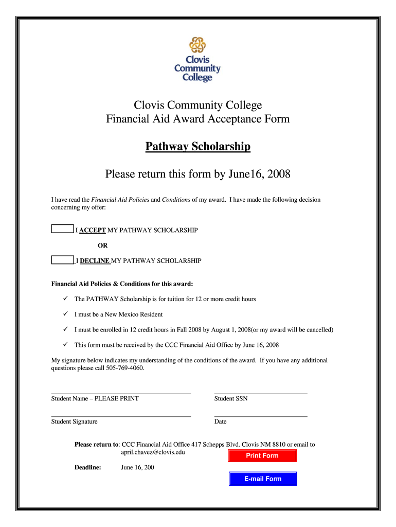 Get and Sign Pathway Scholarship Acceptance Form Clovis Community College Clovis 2008-2022