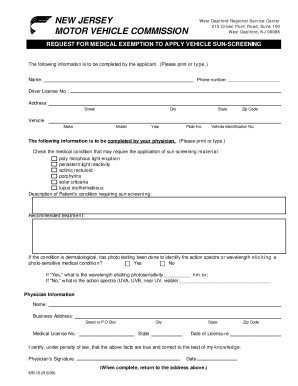 Application for Window Tint Medical Exemption  Form