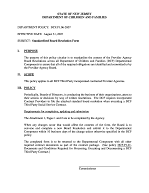 Standardized Board Resolution Form State of New Jersey Newjersey