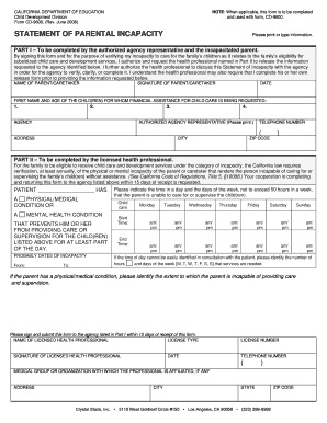 Statement of Incapacity, Form CD 9606 Child Development CA Dept of Education This Form is Completed When the Client Identifies I