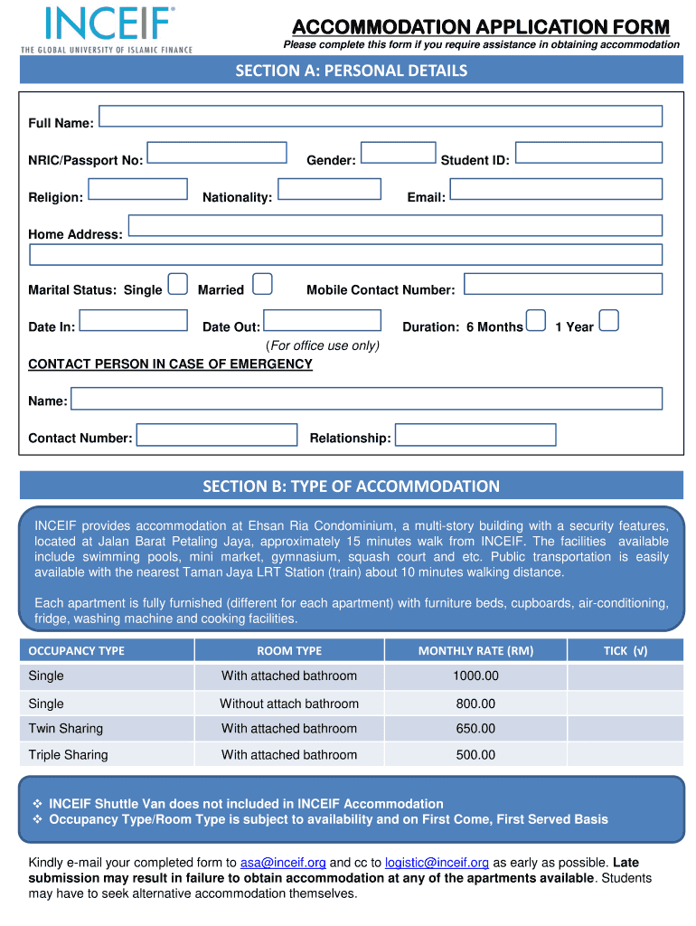 Accommodation for Inceif Students Form