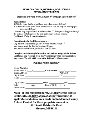 Monroe County Michigan Dog License  Form