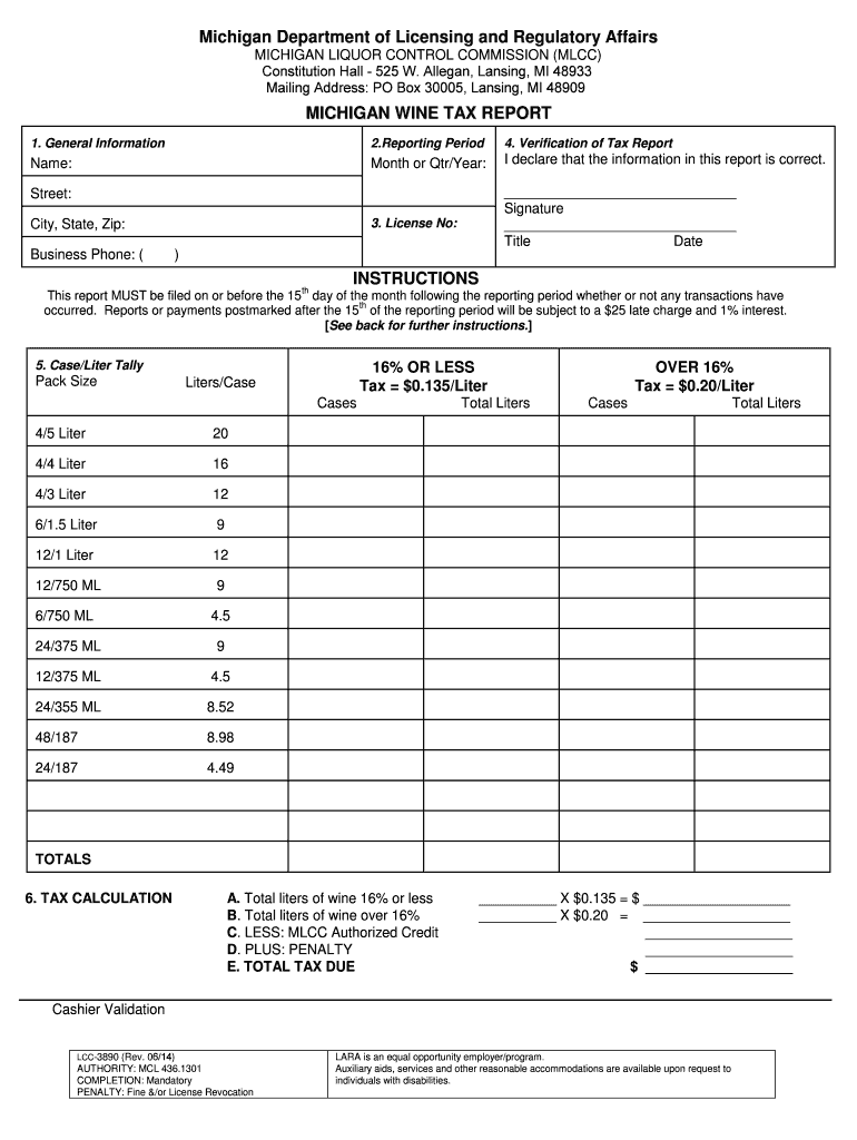  Michigan Wine Tax Report Lcc 3890 Form 2020