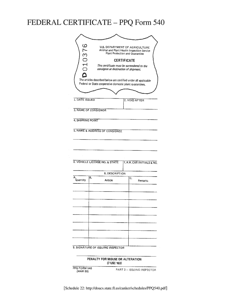 FEDERAL CERTIFICATE PPQ Form 540
