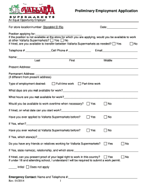 Preliminary Employment Application Vallarta Supermarkets  Form