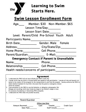 Swim Lesson Enrollment Form Read Only YMCA Central Florida