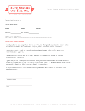 Auto Repair Authorization Form Template