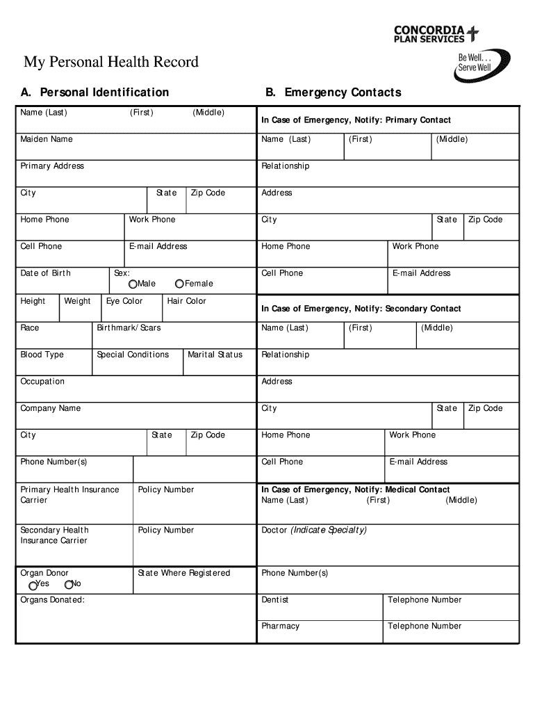 My Personal Health Record  Form