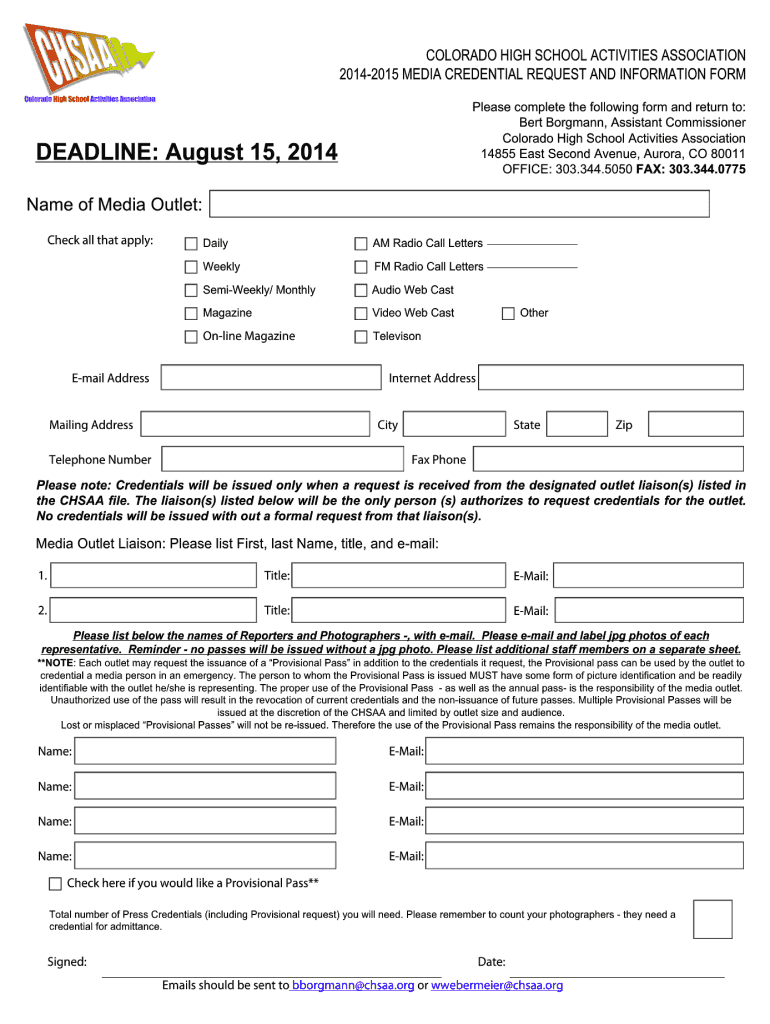 Media Credential Request  CHSAA  Form